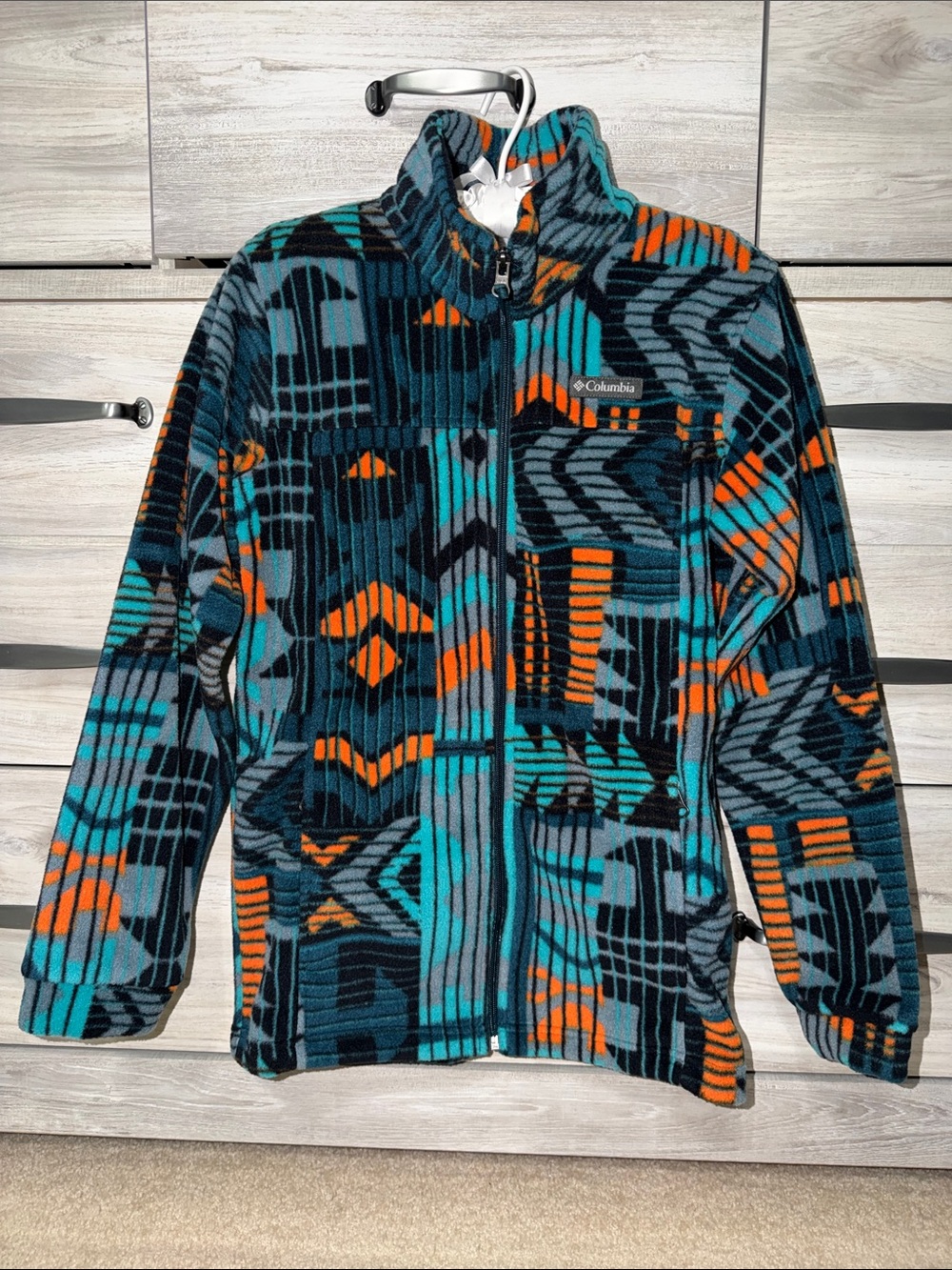 Columbia Kids Geometric Fleece Jacket in Teal, Orange & Black